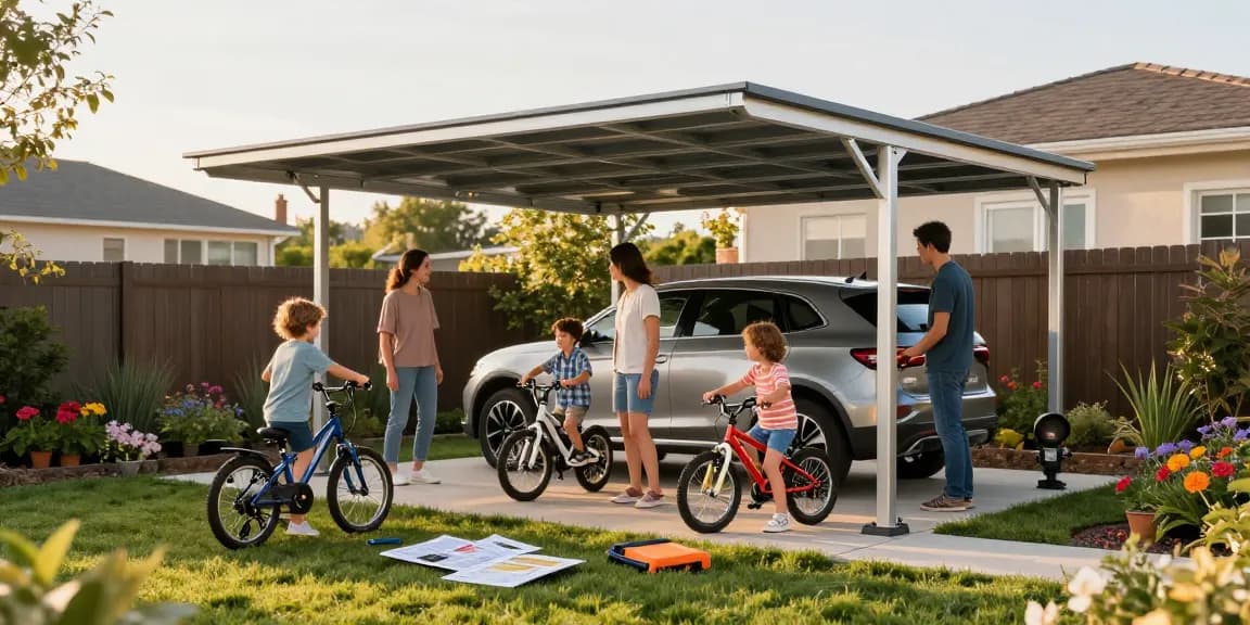 Moderne Carport-Installation im Garten mit Familie und Fahrzeug, Vorführung von Montagewerkzeugen und Anweisungen.