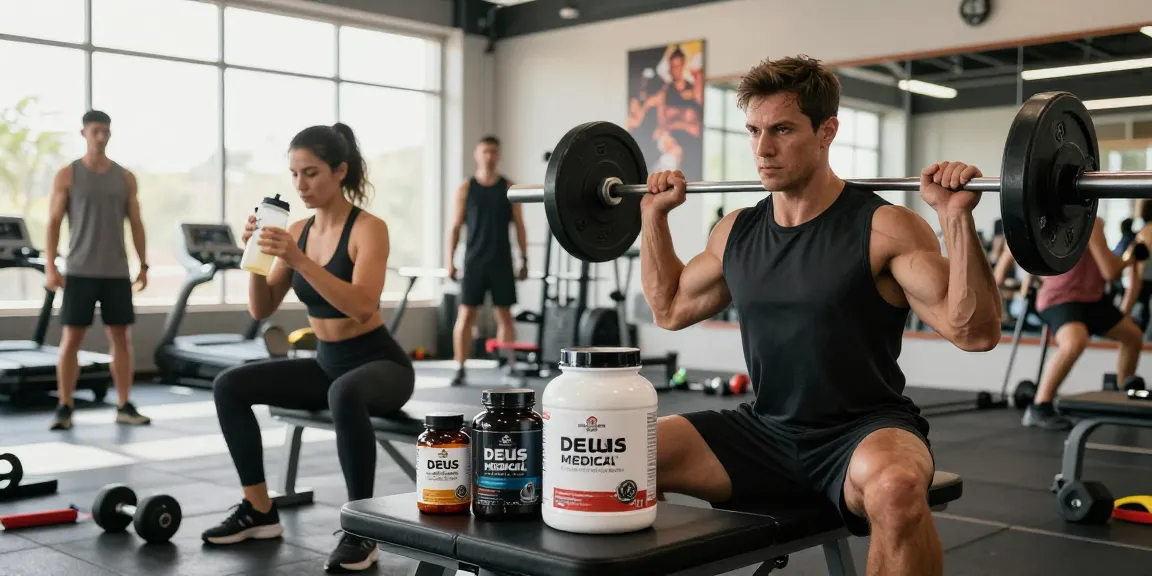 Deus Medical Produkte werden in einem modernen Fitnessstudio genutzt, mit Sportlern, die sich auf ihre Trainingseinheit konzentrieren.