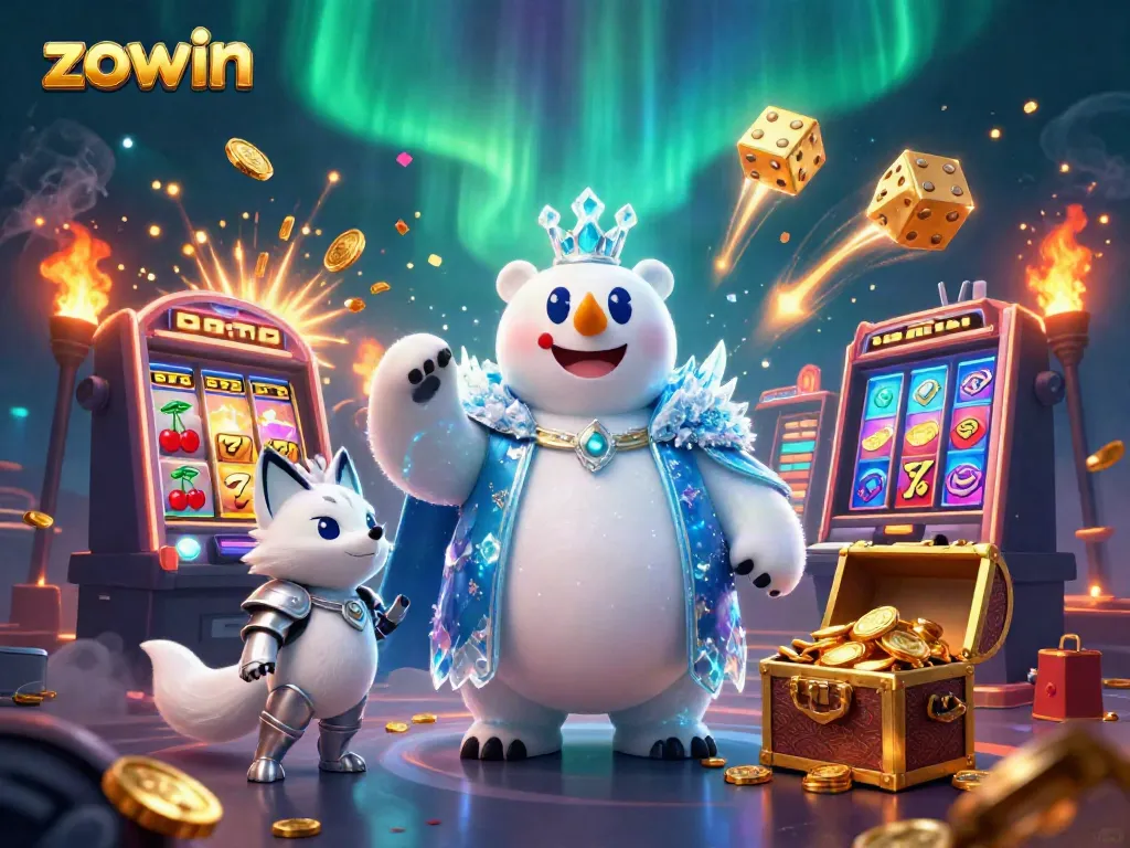 Experience the excitement of zowin with a vibrant casino scene featuring an ice king polar bear and a snow fox.