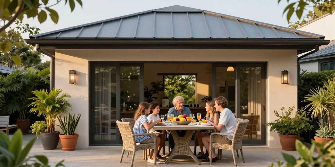 Moderne Terrassenüberdachung über stilvollem Essbereich mit Familie bei einem gemeinsamen Essen.