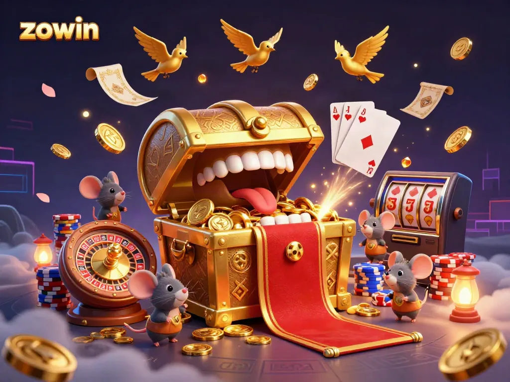 Zowin offers vibrant casino scene with a treasure chest attracting adventurer mice amidst cascading coins and roulette elements.