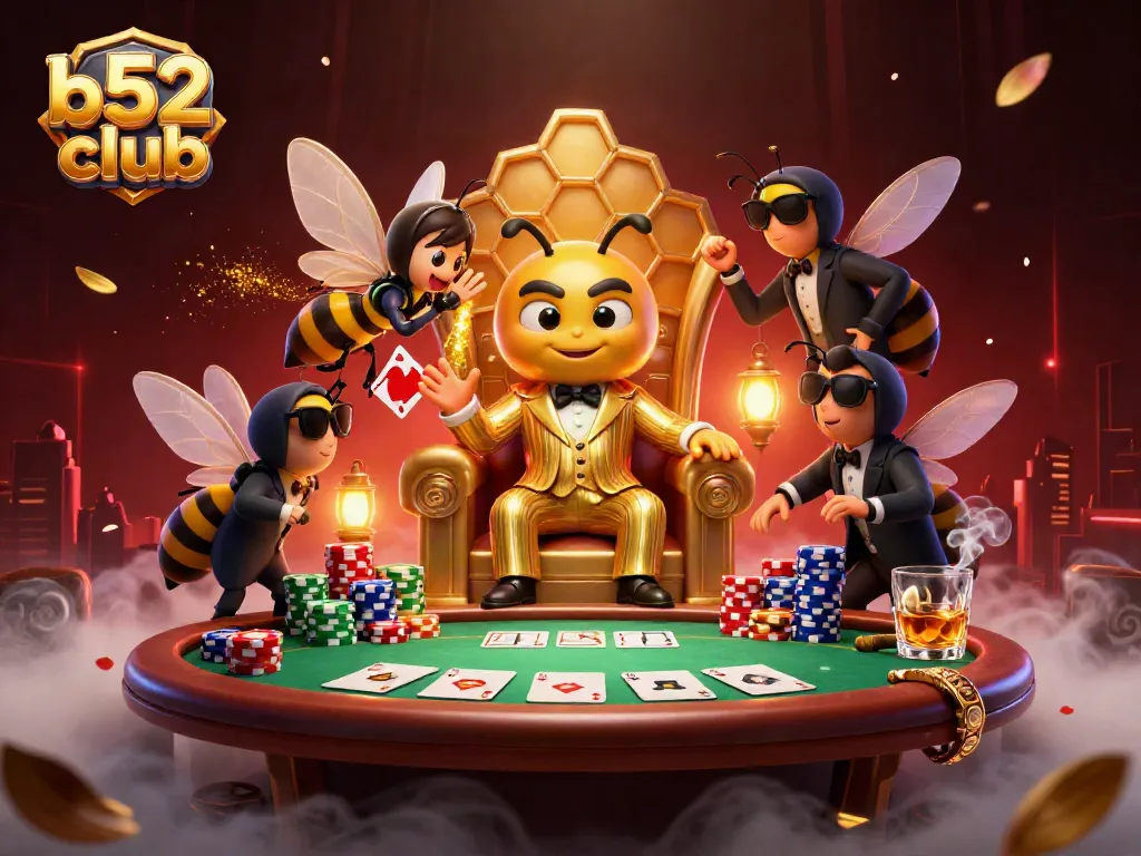 Experience thrilling poker moves at b52club with a cartoon bumblebee mob boss overseeing the game.