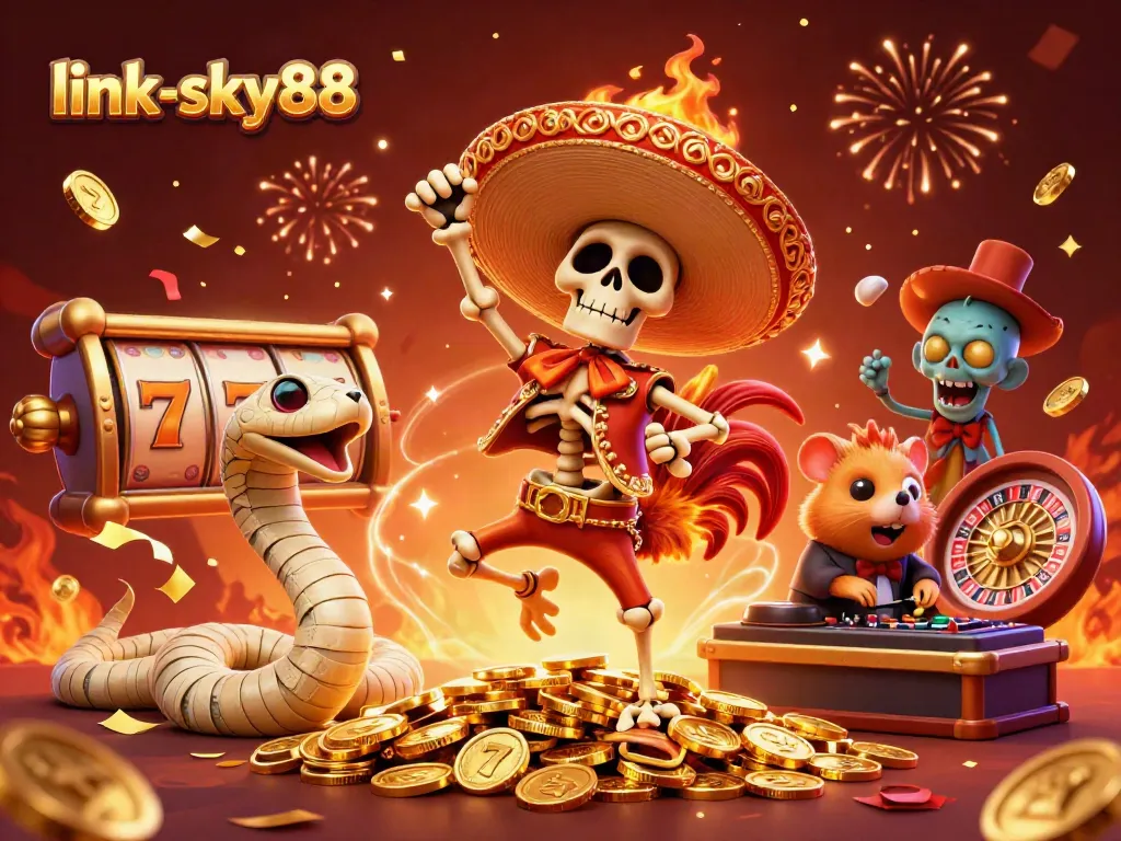 Engage in thrilling action at link-sky88 with a mariachi rooster dancing on coins amidst vibrant casino elements.