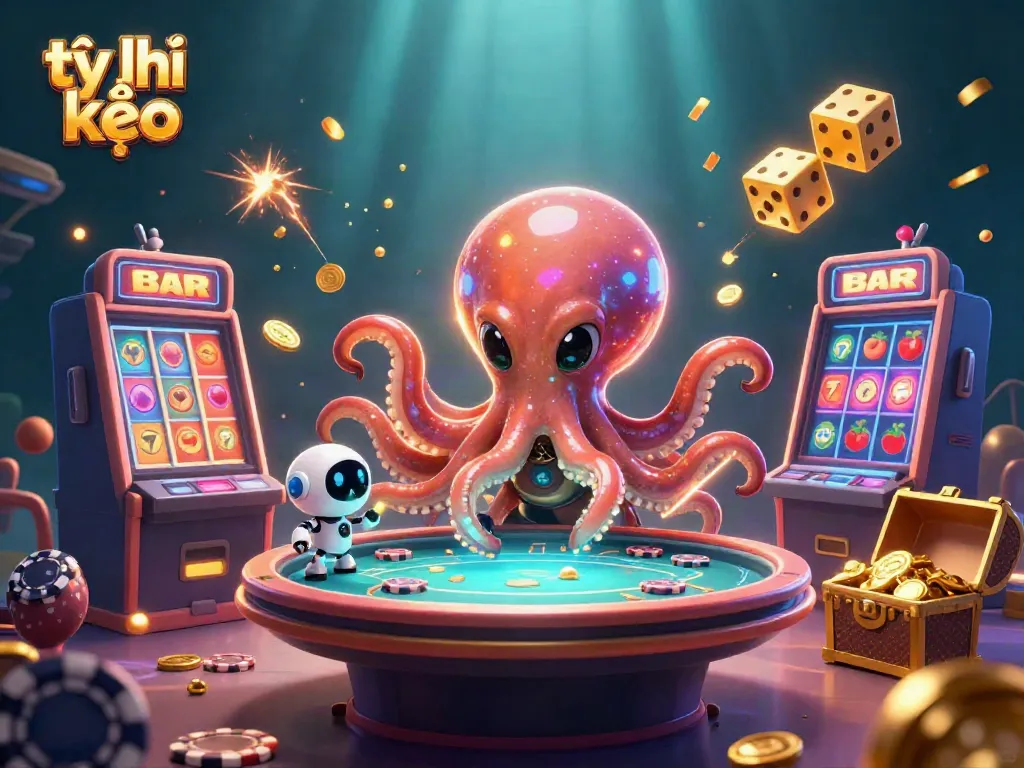 Engaging scene showcasing tỷ lệ kèo, a 3D alien octopus with poker table amidst vibrant casino elements.