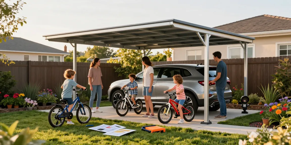 Moderne Carport-Installation im Garten mit Familie und Fahrzeug, Vorführung von Montagewerkzeugen und Anweisungen.