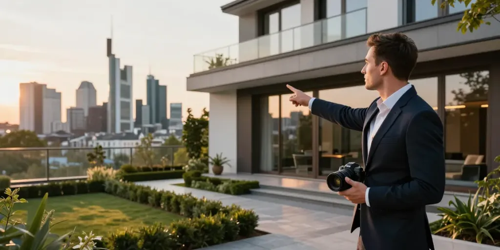 Bester Immobilienmakler Frankfurt präsentiert eine elegante Immobilie in Frankfurt während einer Besichtigung, mit professionellem Immobilienmakler und schöner Aussicht.