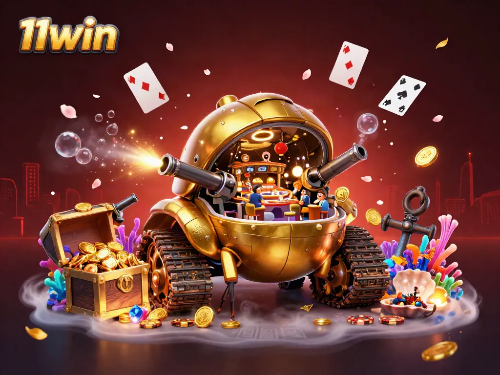 Experience the vibrant excitement of 11win's unique casino space within a golden beetle tank, engaging with lively gaming elements.
