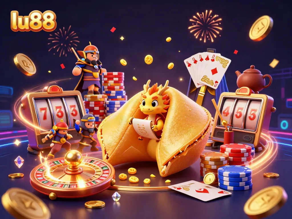 Experience the excitement of gambling with lu88, featuring vibrant elements like golden fortune cookies and dynamic casino games.