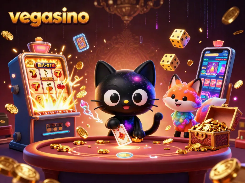 Join the fun at vegasino with a playful black hole cat and gas cloud fox amidst cosmic casino delights.