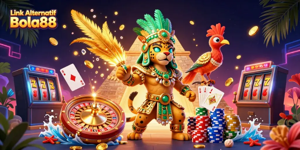 Engage in thrilling gaming with Link Alternatif Bola88 featuring vibrant casino elements and dynamic characters.