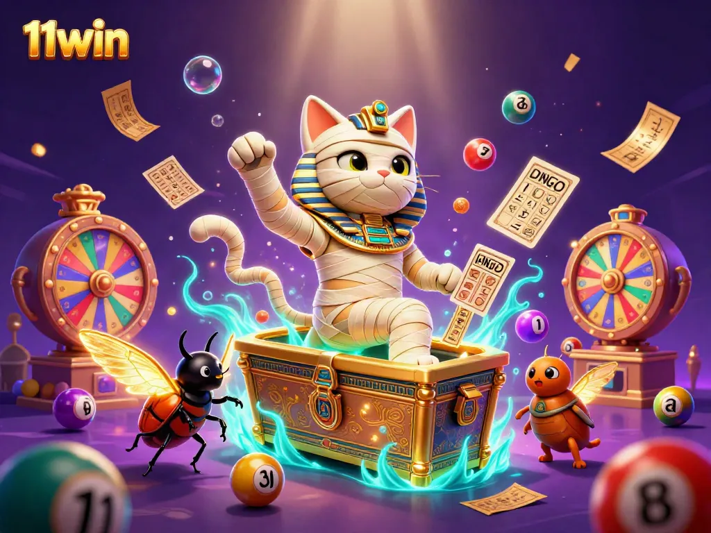 Experience thrilling gaming adventures at 11win with a vibrant 3D illustration of a mummy cat and treasure.