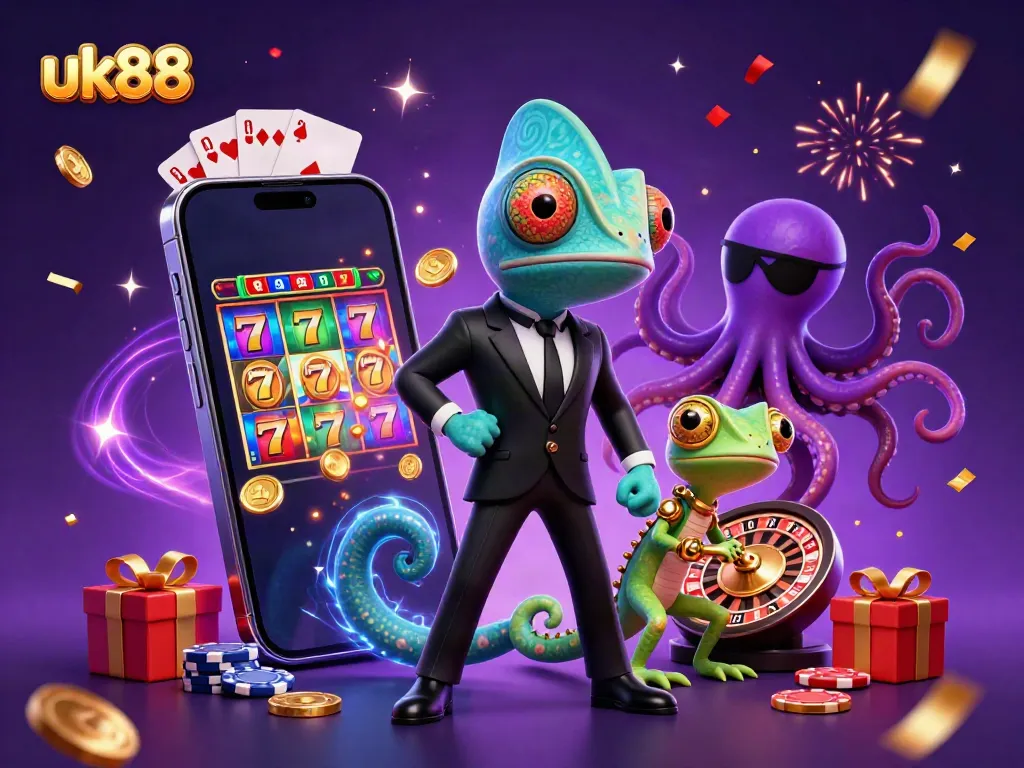 uk88 colorful 3D casino scene with chameleon, gecko, and octopus showcasing an exciting slot game.