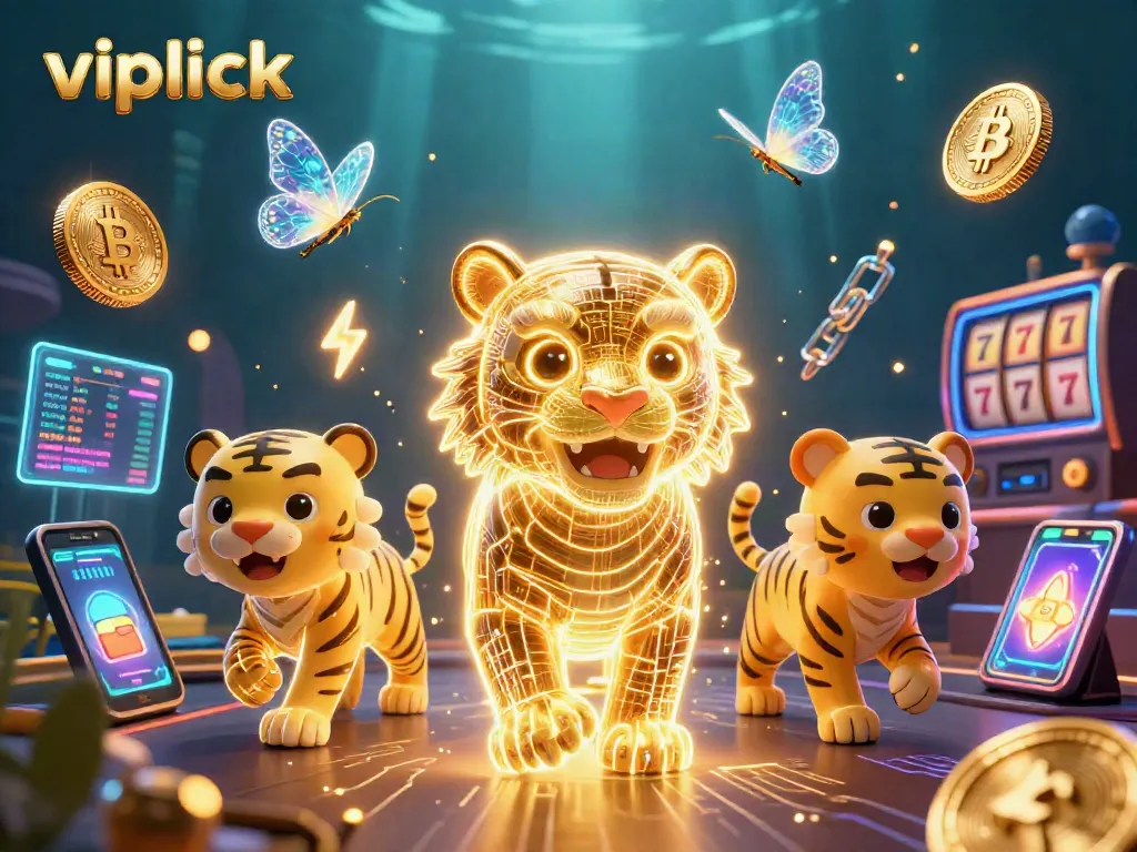 Engage with the vibrant vipluck casino scene featuring a neon tiger and dynamic gaming elements.