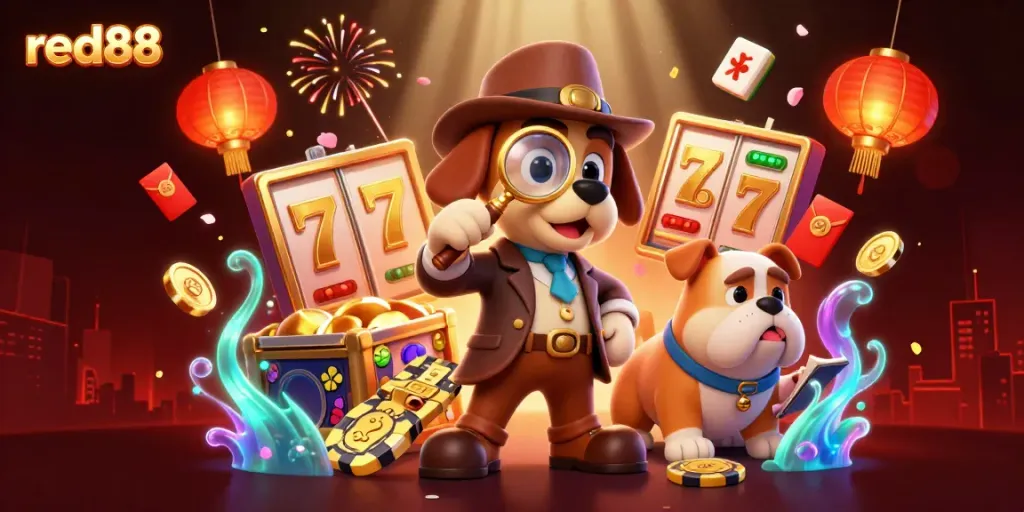 red88 gaming scene with cartoon detective and bulldog uncovering clues around vibrant casino elements