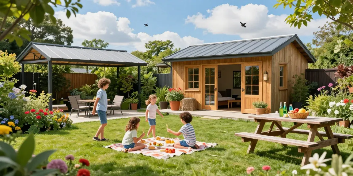 Garten Haus mit herrlichem Blick auf den Garten, Familie genießt den Tag im Freien.