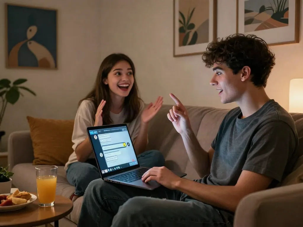 Engaging in horny AI chat with a virtual companion in a cozy room.