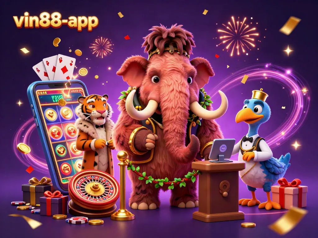Experience the vibrant excitement of vin88-app with a 3D casino scene featuring unique characters and thrilling game elements.