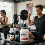 Deus Medical Produkte werden in einem modernen Fitnessstudio genutzt, mit Sportlern, die sich auf ihre Trainingseinheit konzentrieren.
