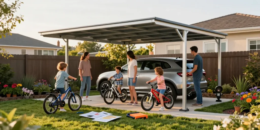 Moderne Carport-Installation im Garten mit Familie und Fahrzeug, Vorführung von Montagewerkzeugen und Anweisungen.