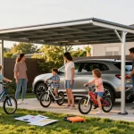 Moderne Carport-Installation im Garten mit Familie und Fahrzeug, Vorführung von Montagewerkzeugen und Anweisungen.