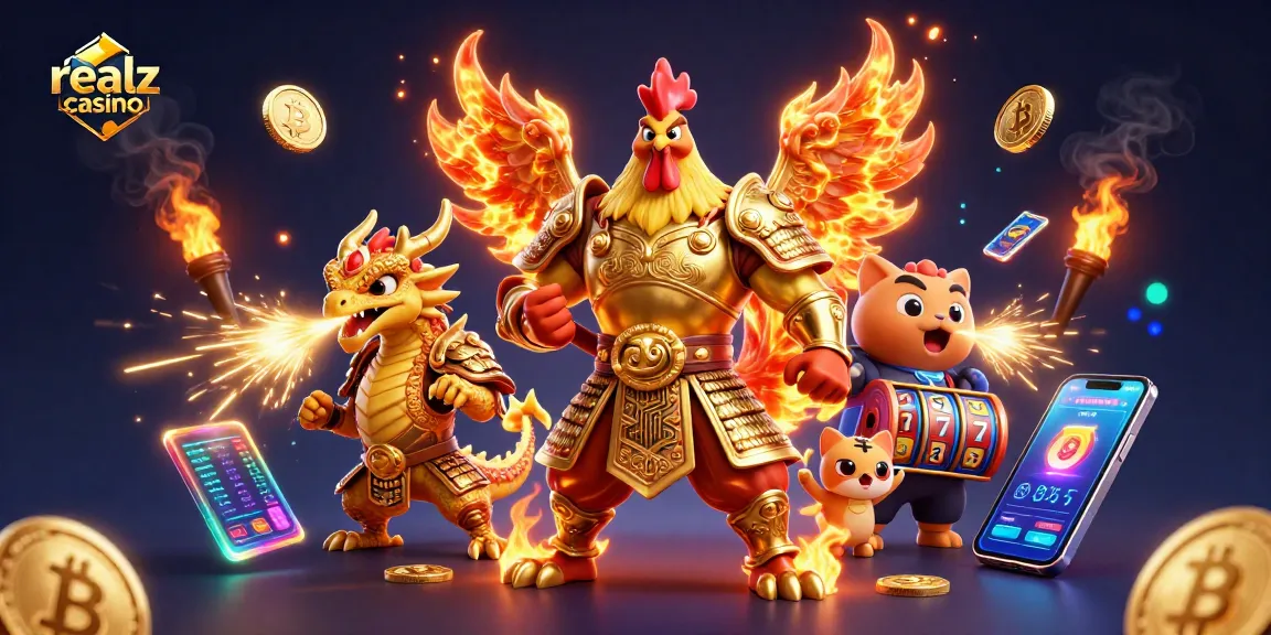 Engage in thrilling action at realz casino with vibrant gaming elements, including a fiery rooster warrior and dragon hatchling.
