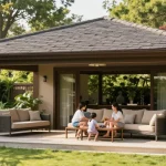 Freistehende Terrassenüberdachung im Garten mit einer glücklichen Familie.