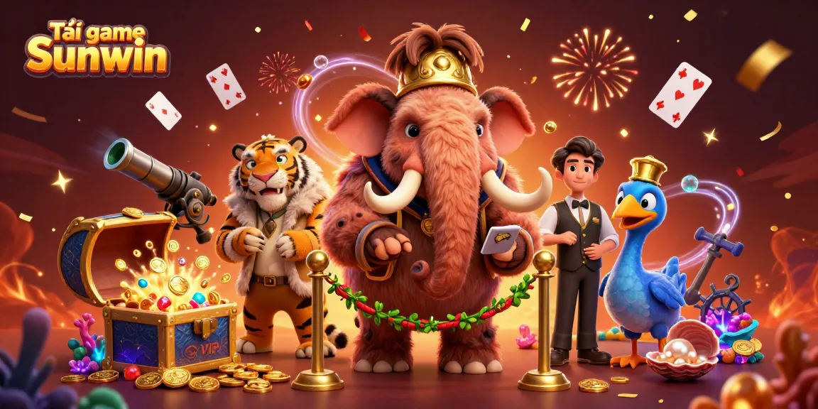 Tải game Sunwin with vibrant casino characters and dynamic gambling elements in a rich 3D setting.