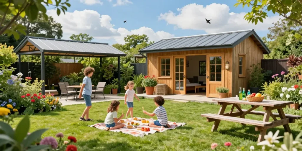 Garten Haus mit herrlichem Blick auf den Garten, Familie genießt den Tag im Freien.
