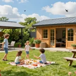Garten Haus mit herrlichem Blick auf den Garten, Familie genießt den Tag im Freien.